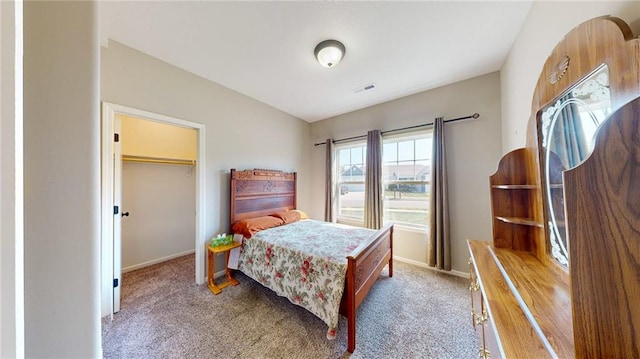 carpeted bedroom with a spacious closet and a closet