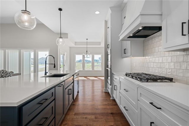 kitchen featuring pendant lighting, premium range hood, stainless steel appliances, and dark hardwood / wood-style floors