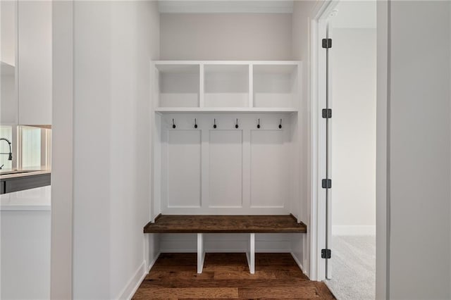 mudroom with dark hardwood / wood-style floors and sink