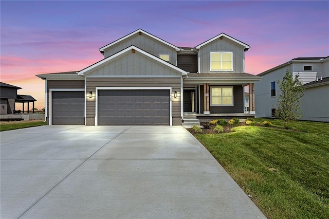 13428 W 178th St, Overland Park, KS 66013 - view of front of house with board and batten siding, a front lawn, driveway, and a porch