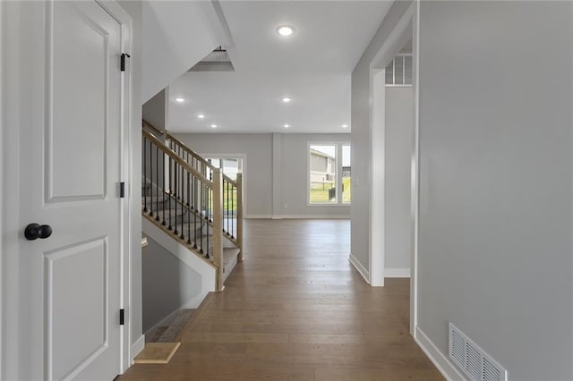 13428 W 178th St, Overland Park, KS 66013 - hall with wood finished floors, recessed lighting, and stairs