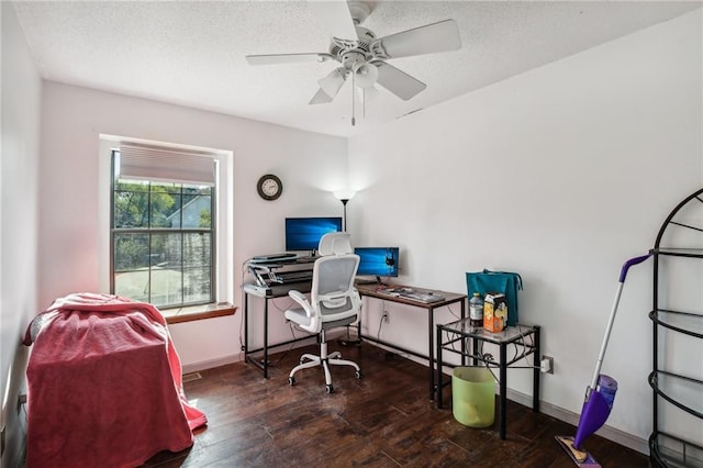 office area featuring a textured ceiling, ceiling fan, and dark wood-type flooring