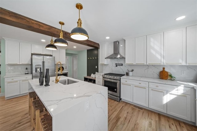 8301 Lee Blvd, Leawood, KS 66206 - kitchen with a sink, wall chimney range hood, backsplash, and stainless steel appliances