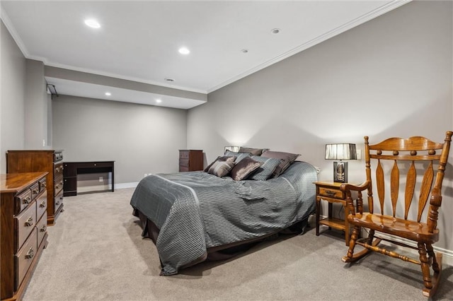 bedroom with crown molding, recessed lighting, light colored carpet, and baseboards