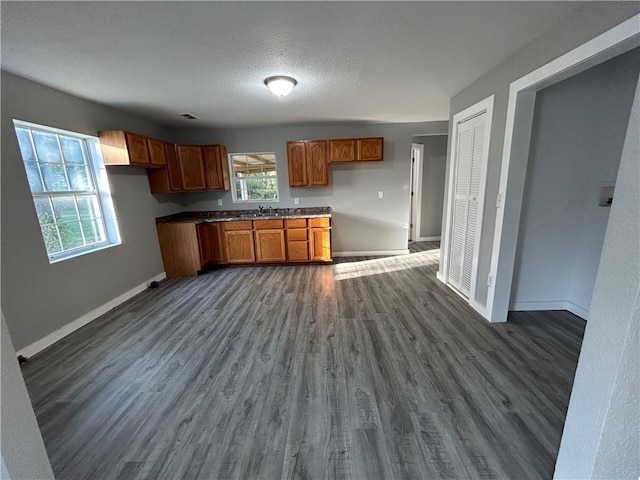 kitchen featuring a textured ceiling, sink, and dark hardwood / wood-style flooring