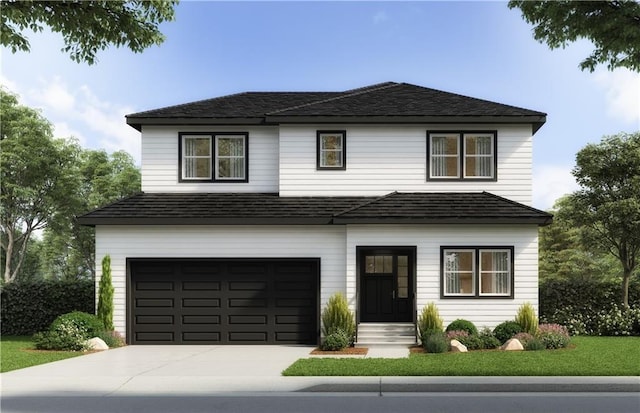 view of front of home featuring entry steps, concrete driveway, roof with shingles, and an attached garage