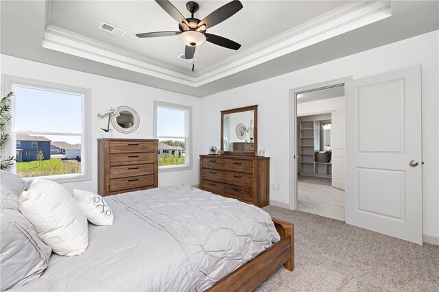 carpeted bedroom featuring ceiling fan, visible vents, a raised ceiling, and ornamental molding