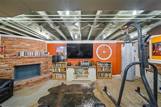 interior space with a brick fireplace