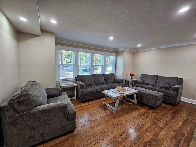 living room featuring wood-type flooring, a textured ceiling, and ornamental molding