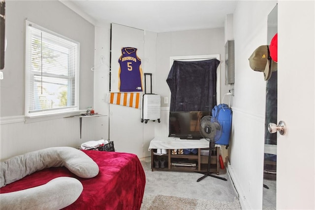 bedroom with light colored carpet and wooden walls