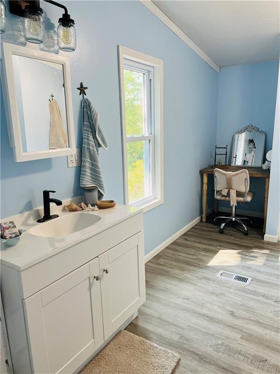 bathroom featuring ornamental molding, vanity, and hardwood / wood-style flooring