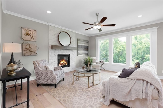 living room featuring crown molding, a fireplace, and light hardwood / wood-style flooring