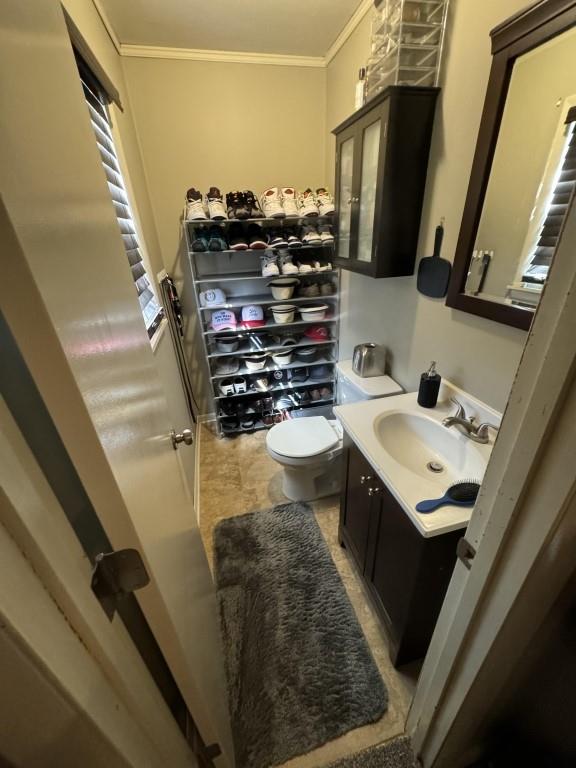 bathroom with crown molding, vanity, and toilet