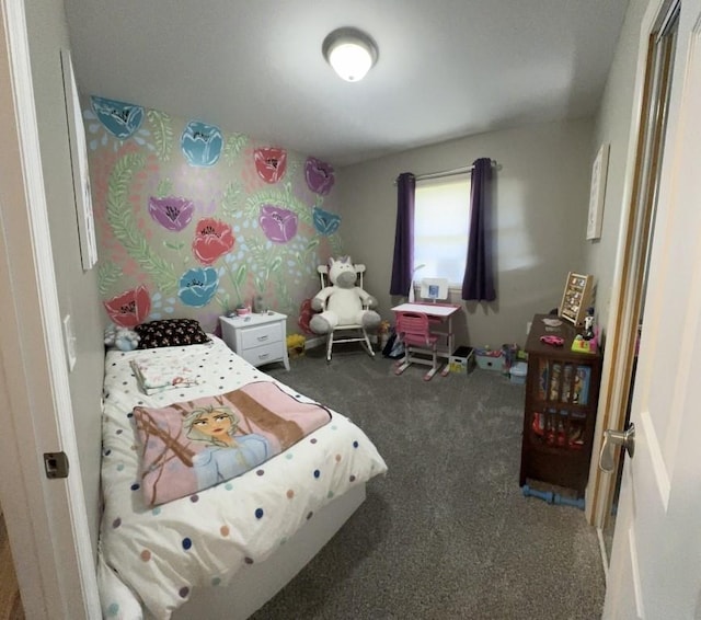 bedroom featuring dark carpet