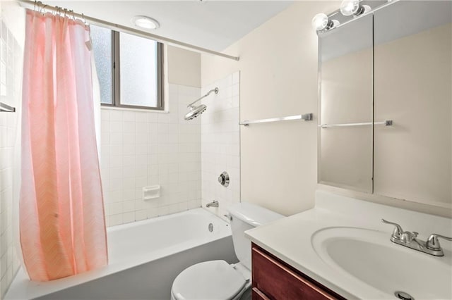 full bathroom with vanity, toilet, and shower / bathtub combination with curtain