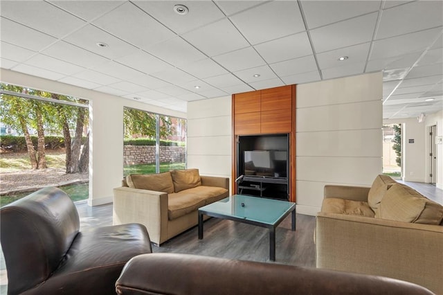 living room with hardwood / wood-style flooring and a drop ceiling