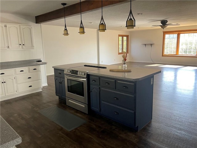 kitchen with white cabinetry, beam ceiling, dark hardwood / wood-style flooring, hanging light fixtures, and stainless steel electric range