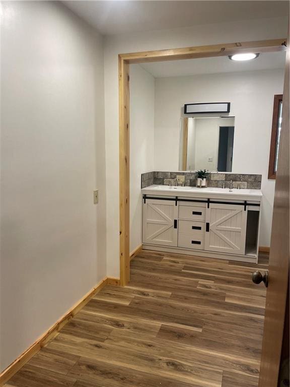 bathroom with wood-type flooring and vanity