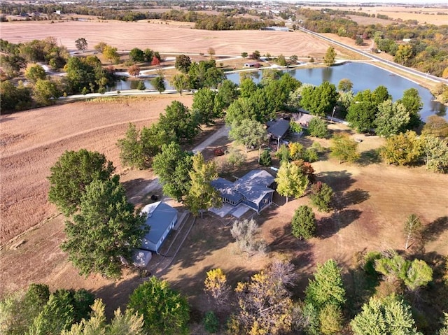 aerial view featuring a water view and a rural view