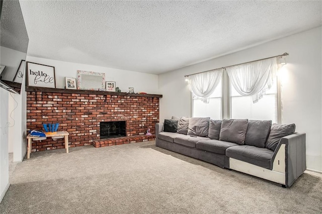 living room featuring a textured ceiling, a fireplace, and carpet flooring