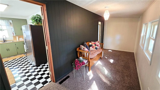 hall with wood walls, sink, and a textured ceiling