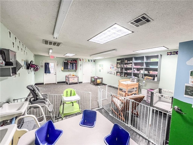 misc room with carpet and a textured ceiling