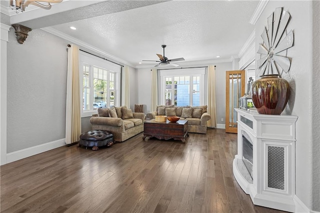 living room featuring crown molding, ceiling fan, dark hardwood / wood-style floors, and a textured ceiling