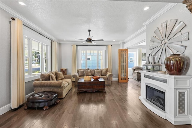 living room with a textured ceiling, dark wood-type flooring, and a wealth of natural light