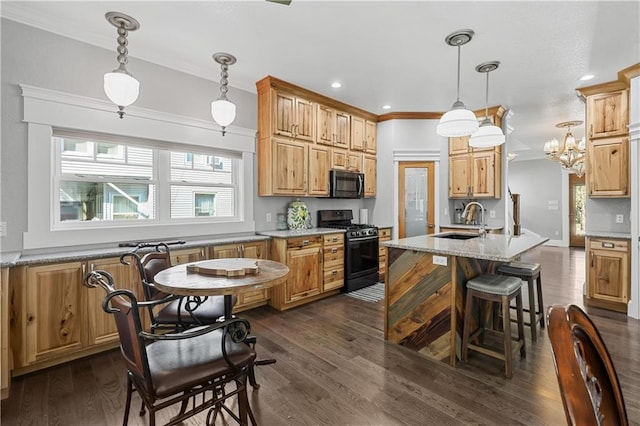 kitchen featuring pendant lighting, an island with sink, sink, black appliances, and dark hardwood / wood-style flooring