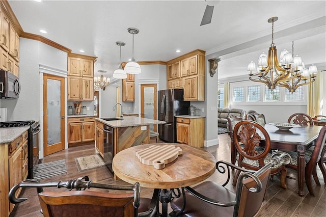 kitchen with crown molding, dark hardwood / wood-style flooring, sink, an island with sink, and appliances with stainless steel finishes