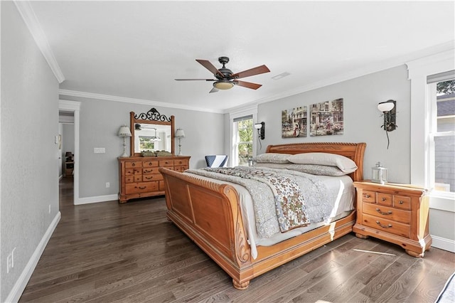 bedroom with ceiling fan, crown molding, and dark wood-type flooring