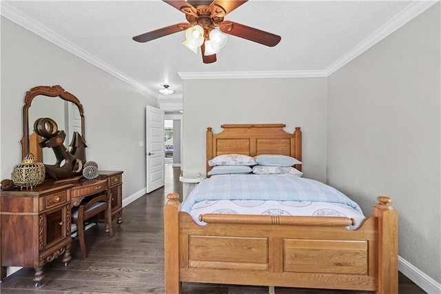 bedroom with crown molding, ceiling fan, and dark wood-type flooring