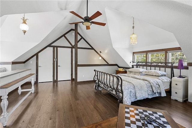 bedroom with lofted ceiling, ceiling fan, and dark hardwood / wood-style flooring