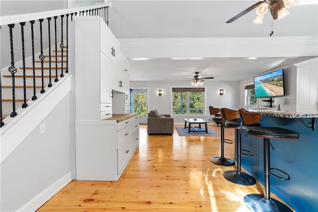 living room with light hardwood / wood-style floors, crown molding, and ceiling fan