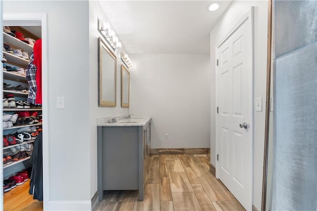 bathroom featuring vanity and hardwood / wood-style floors