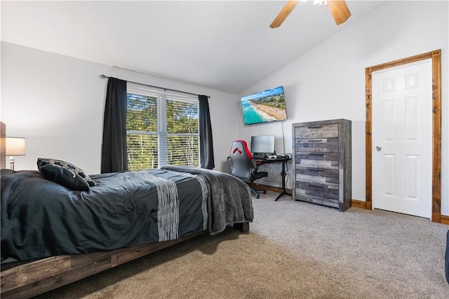 bedroom featuring lofted ceiling, carpet, and ceiling fan