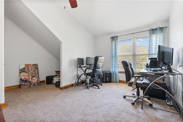 home office with ceiling fan, carpet, and vaulted ceiling