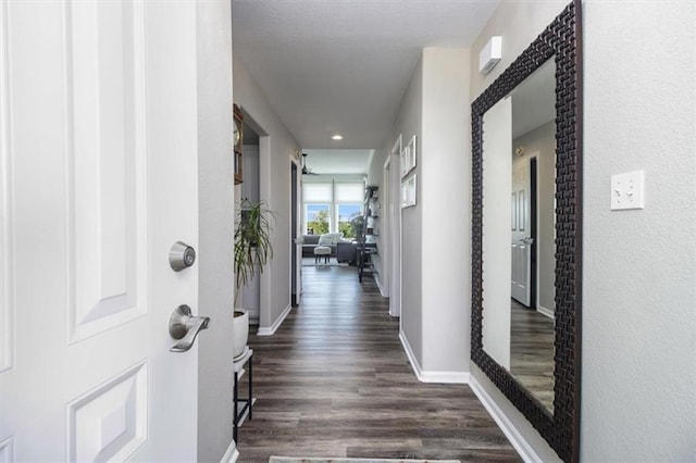 hall with dark wood-type flooring