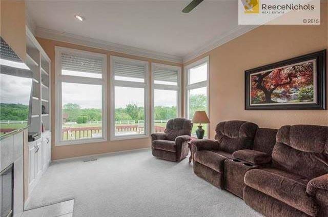 carpeted living room featuring plenty of natural light and ornamental molding