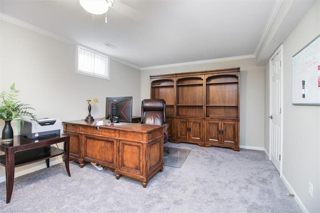 home office with light colored carpet and ornamental molding