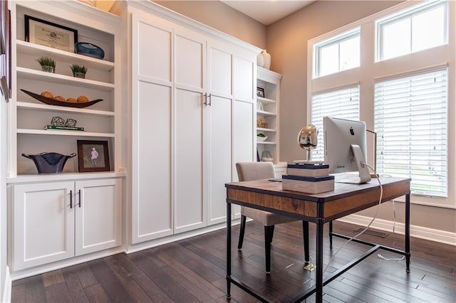 16924 Futura St, Overland Park, KS 66085 - office area with dark wood finished floors, baseboards, and built in features
