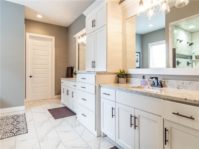 16924 Futura St, Overland Park, KS 66085 - bathroom featuring a stall shower, vanity, marble finish floors, baseboards, and recessed lighting