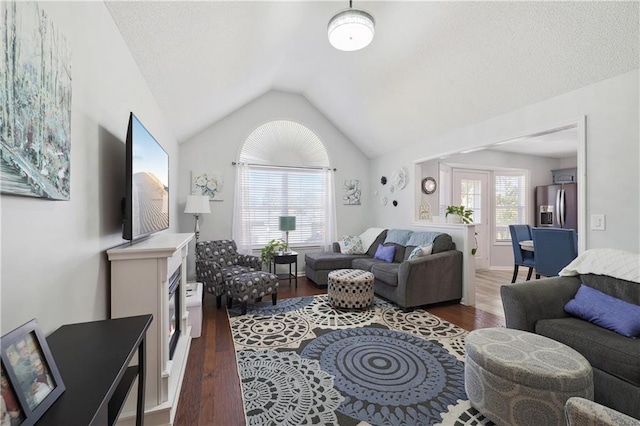 living room with dark hardwood / wood-style floors and vaulted ceiling