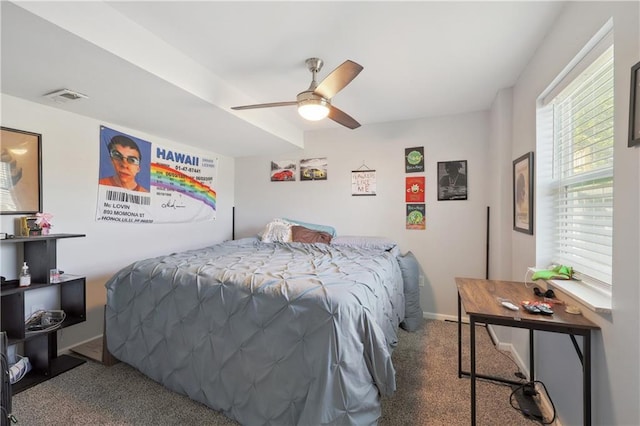 carpeted bedroom featuring ceiling fan