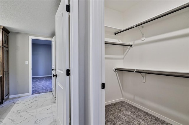 walk in closet featuring light colored carpet