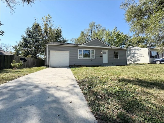 single story home with a garage and a front yard