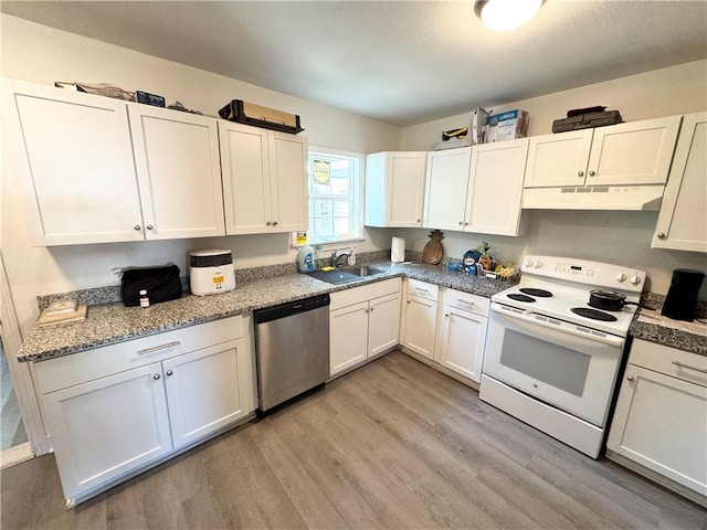 kitchen with light hardwood / wood-style floors, sink, white cabinets, electric stove, and stainless steel dishwasher