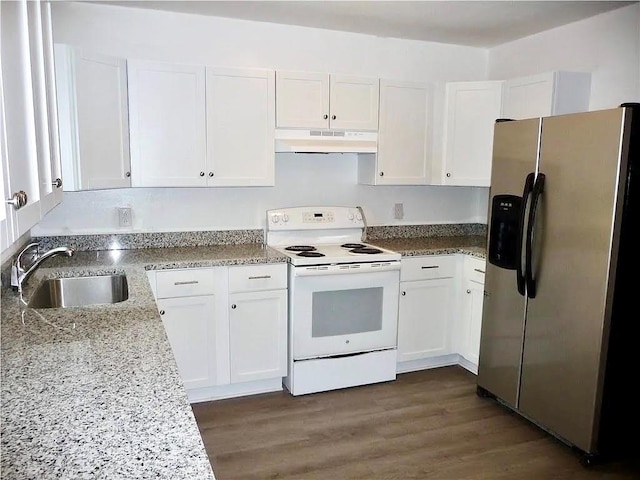 kitchen featuring dark hardwood / wood-style flooring, sink, stainless steel refrigerator with ice dispenser, electric stove, and white cabinetry