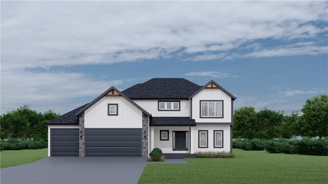 modern farmhouse with an attached garage, driveway, a shingled roof, and a front yard