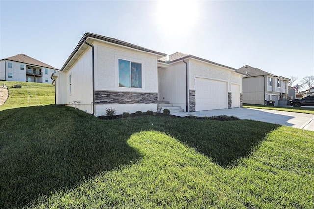 view of front of property featuring a front yard, an attached garage, concrete driveway, stone siding, and a residential view